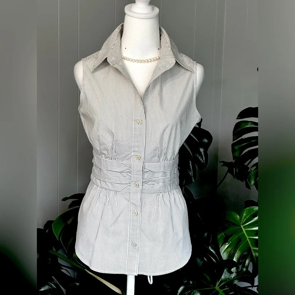 🛍️New York & company White with black striped sleeveless button down shirt. - Picture 1 of 7